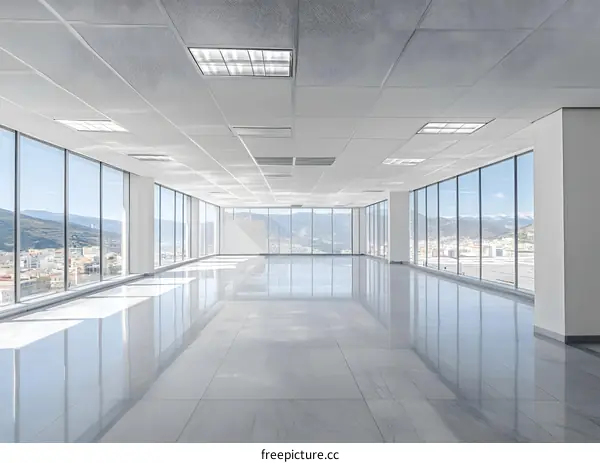 Empty Office Space with Large Windows and City View