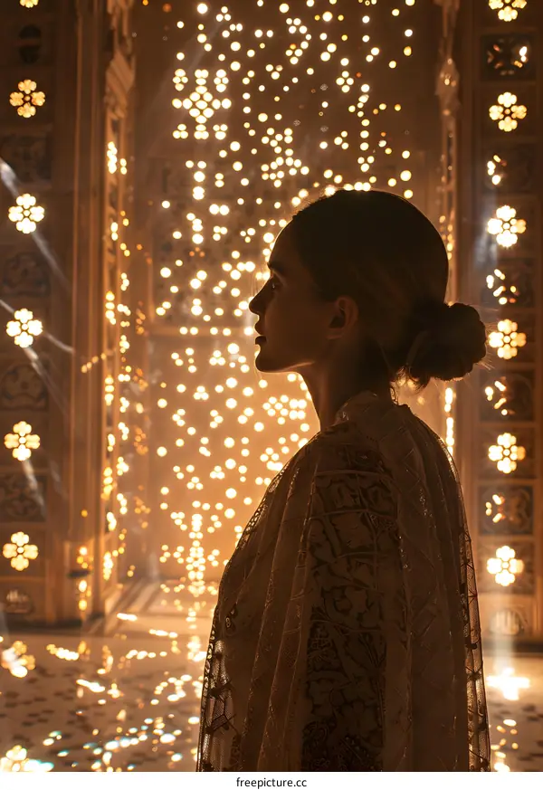 Portrait of a woman standing in a dimly lit room with many lights in the background