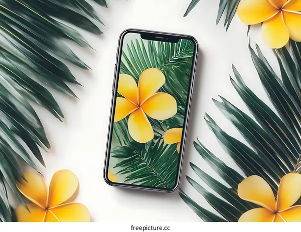 Smartphone Mockup with Tropical Leaves and Flowers