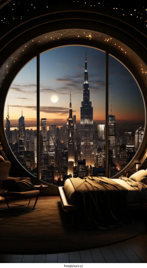 Futuristic City Night View from Bedroom Windowpane