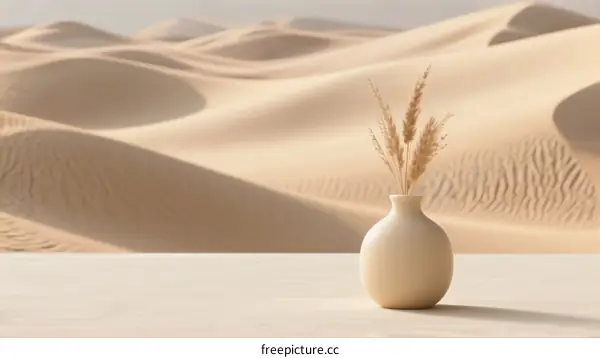 Desert landscape with sand dunes and a small vase with dried plants