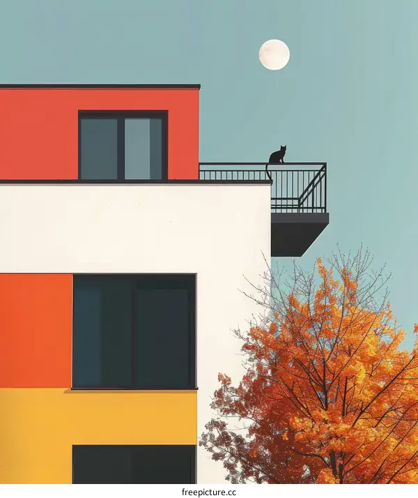 Black Cat on Apartment Building Balcony Looking at Full Moon
