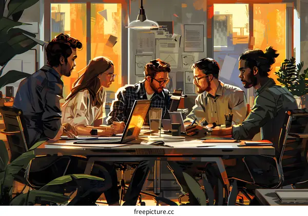 A group of people discussing ideas in an office