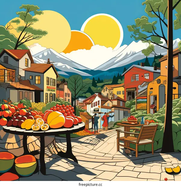 Crowded and Colorful Street Market in a Town at the Foot of Mountains