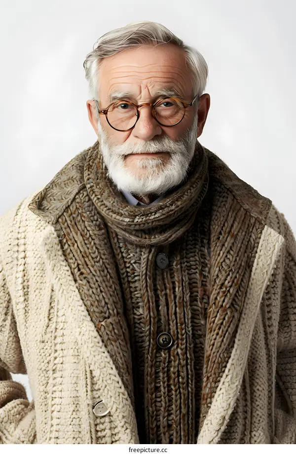 portrait of an old man with grey hair and beard wearing glasses and a brown sweater