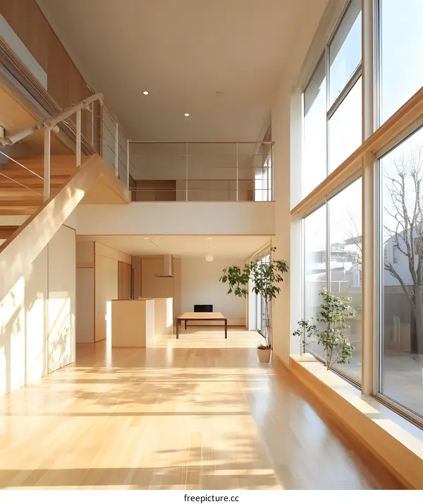 Modern Minimalist Home Interior Design With Wooden Stairs And Large Windows