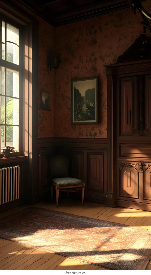 Vintage Interior Design With Wooden Chair and Floral Wallpaper