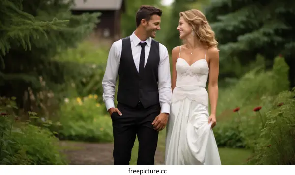 Happy Couple in Wedding Attire Walking in Garden
