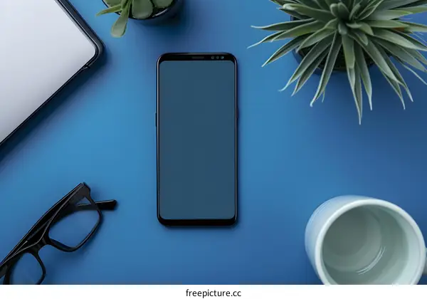 Blue Desk With Phone, Plant, Mug, and Glasses
