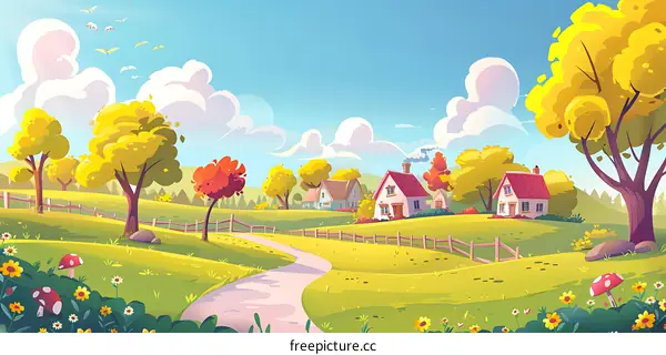 Cartoon Illustration of a Small Village with Houses and Trees