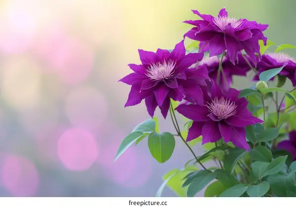 Close-up of purple clematis flowers with green leaves on blurred background