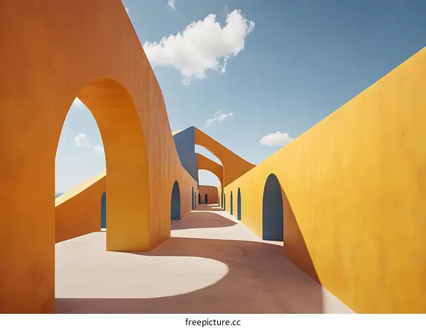 Modern Abstract Architecture with Yellow Walls and Arched Openings