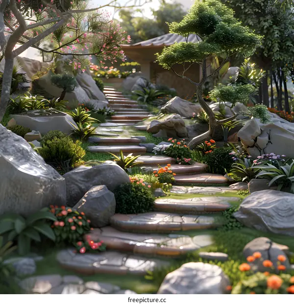 Stone slab road in fantasy forest