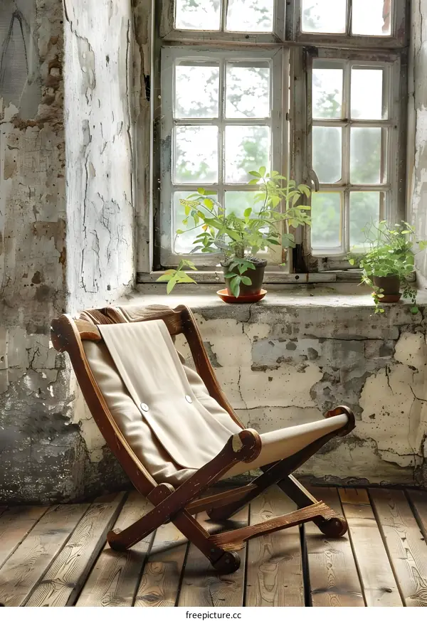Vintage Wooden Folding Chair in Rustic Interior with Window