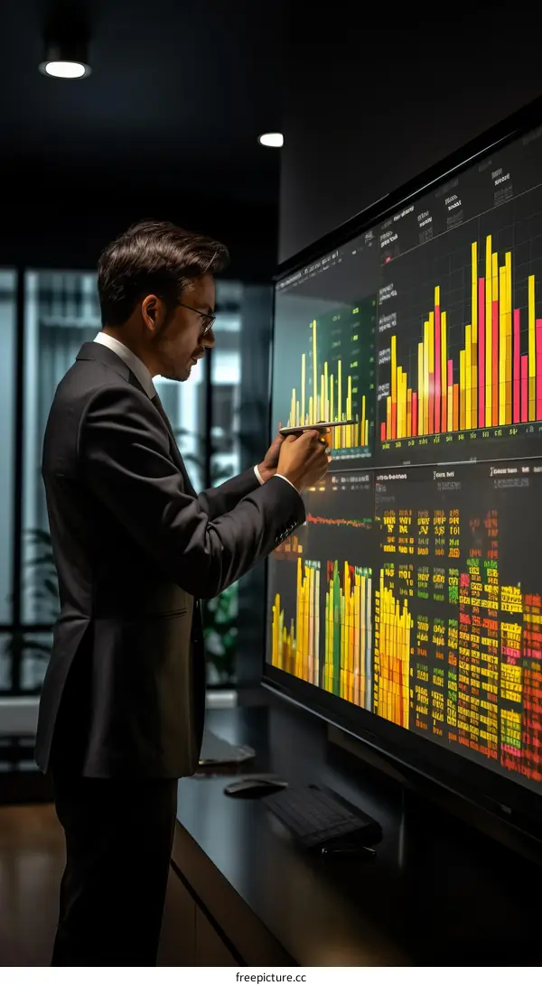 Businessman analyzing financial data on a large display