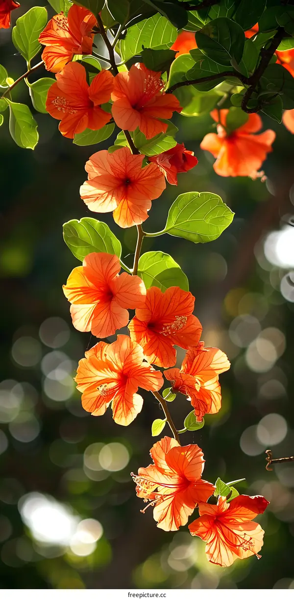 Orange hibiscus flowers hanging from a tree