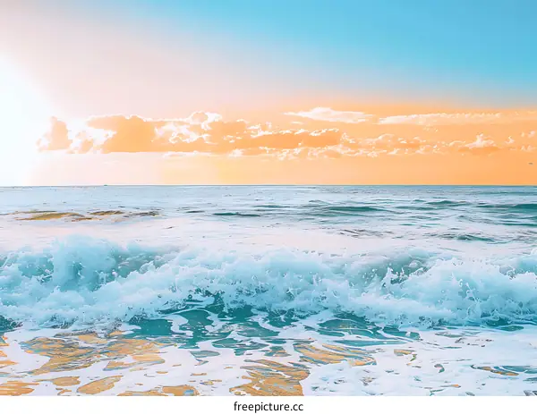 Ocean Waves Crashing On Shore At Sunset