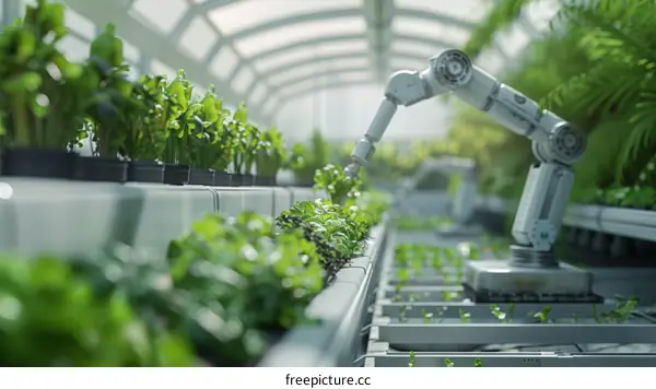 Robot arm harvesting salad in greenhouse