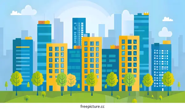 Modern Cityscape Illustration With Blue and Yellow Buildings