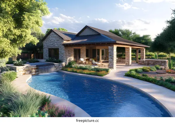 Backyard Pool with Waterfall and Covered Patio