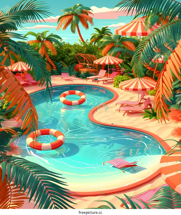 Tropical Poolside Illustration With Palm Trees and Pool Floats