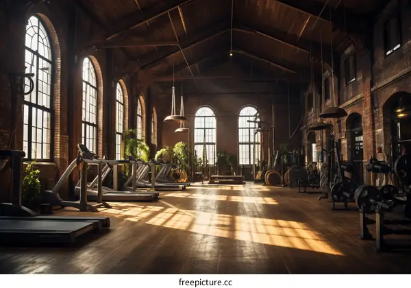 Retro fitness center with brick walls and large windows