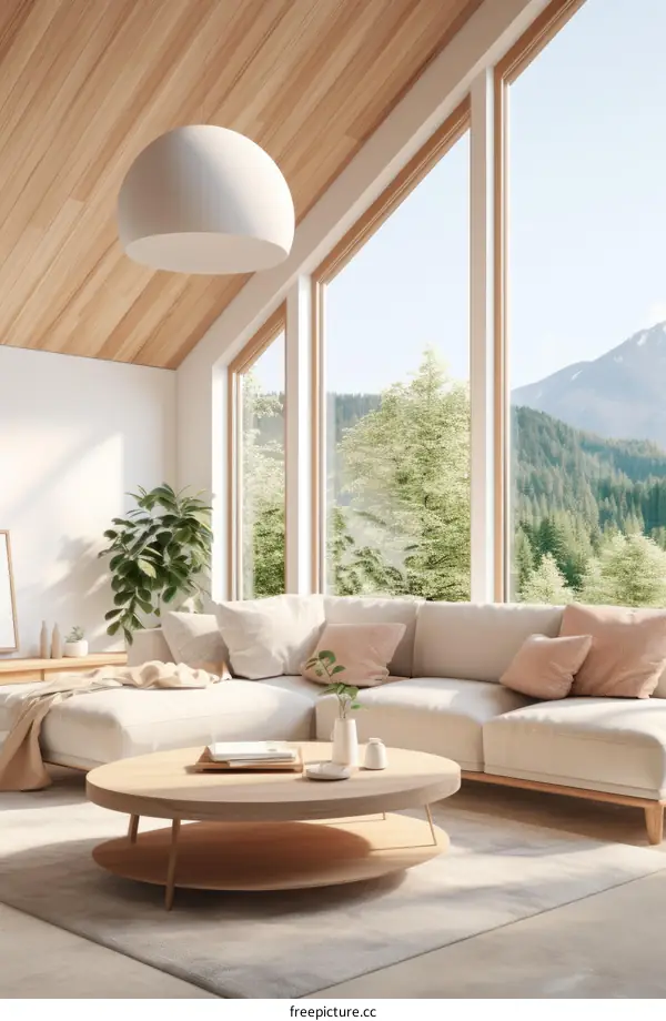 A modern living room with a large window looking out onto a forest
