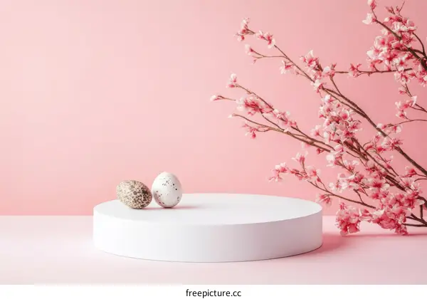 Pastel Pink Easter Egg Display with Cherry Blossom