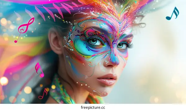 A woman with a colorful mask on her face