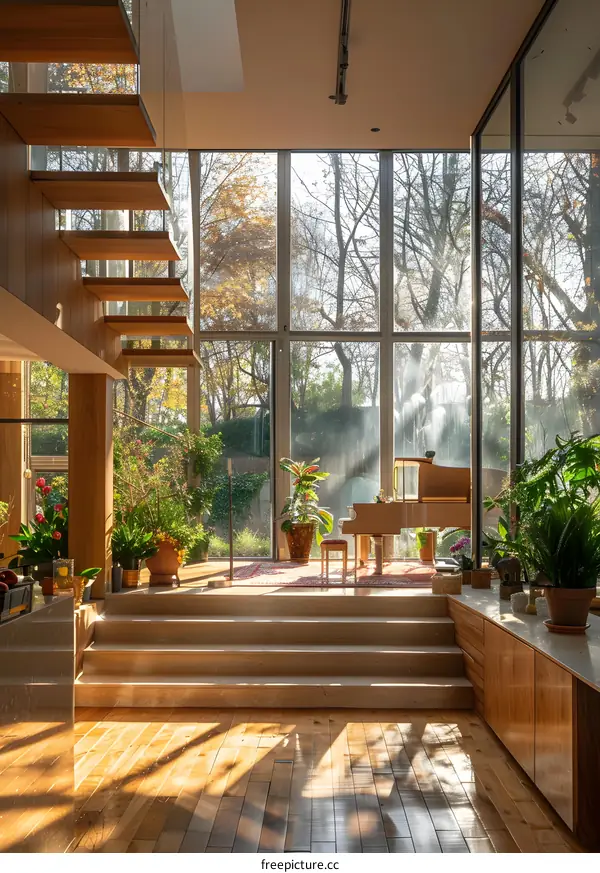 Sunlit Living Room with Piano and Stairs
