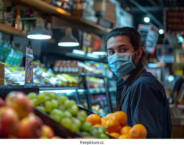 Portrait of a male grocery store clerk wearing a surgical mask