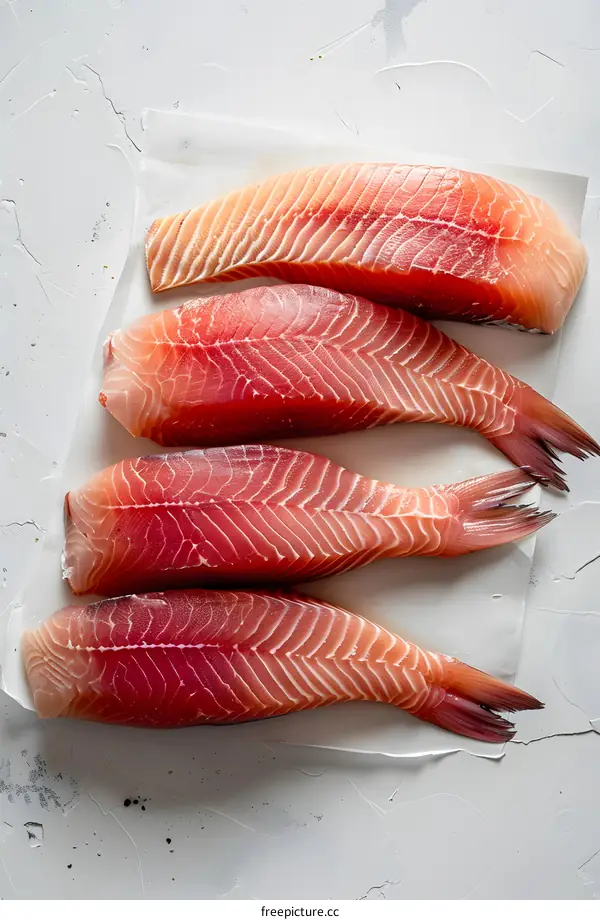 Four pieces of raw red snapper fish fillets on white background
