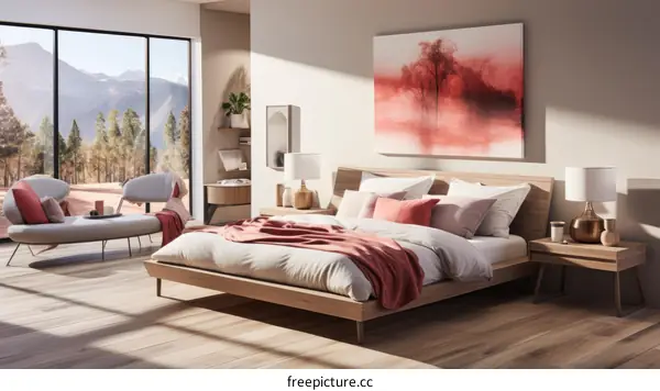 Mountain View Bedroom with Pink Painting