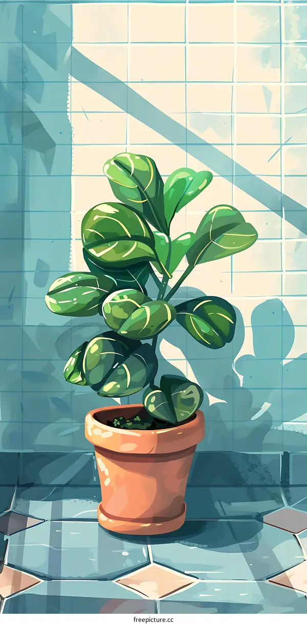Green Plant in Pot on Tile Floor Illustration