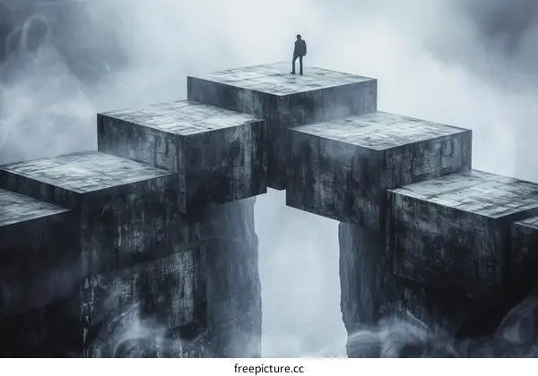 Man standing on a concrete structure in the middle of a foggy landscape