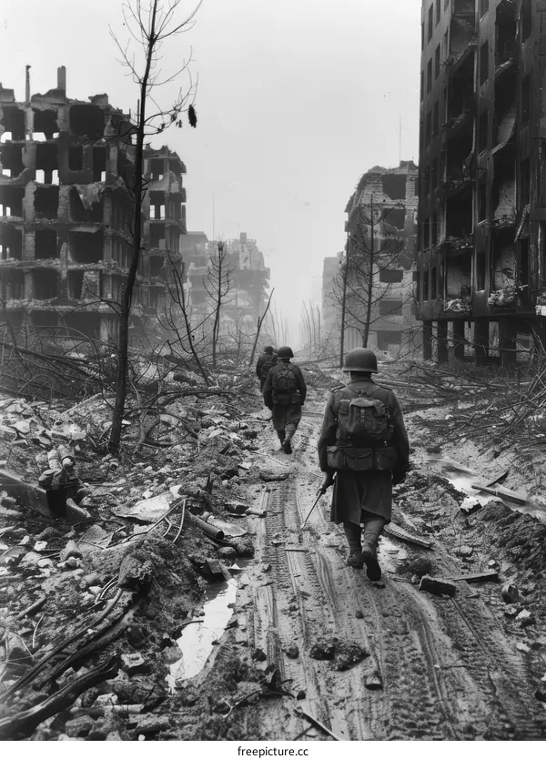 American soldiers walking through the ruins of a German city after World War II