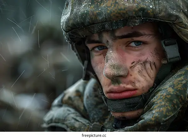 Portrait of a young soldier in the rain