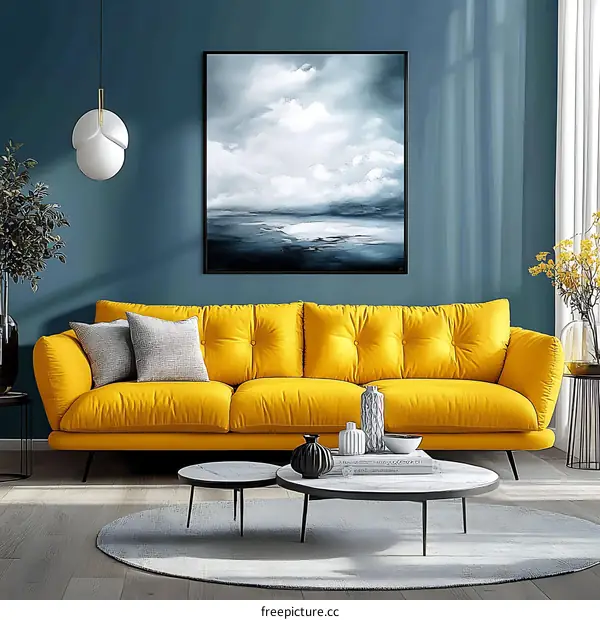 Modern Living Room Interior with Mustard Yellow Sofa