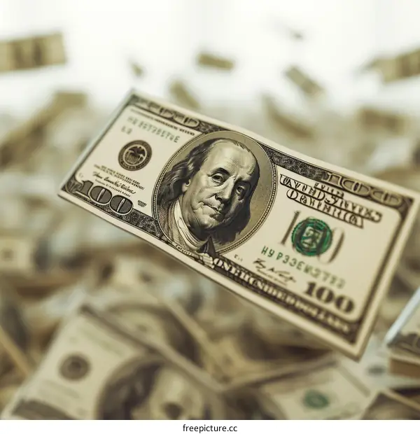 One hundred dollar bill with a lot of money in the background