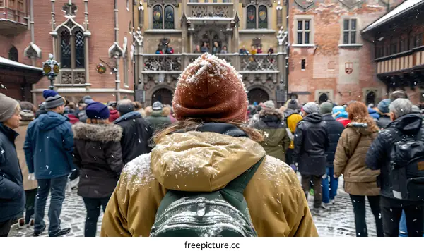 People Gathering In Front of A Historical Building During Snowfall