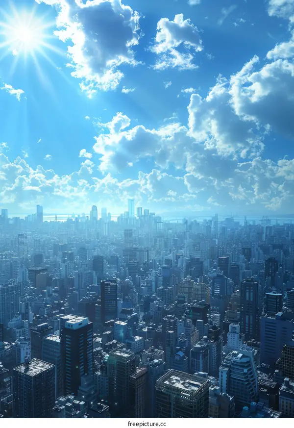 Panoramic City Skyline with Blue Sky and White Clouds