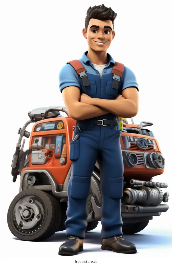 Happy repairman standing next to his repair truck