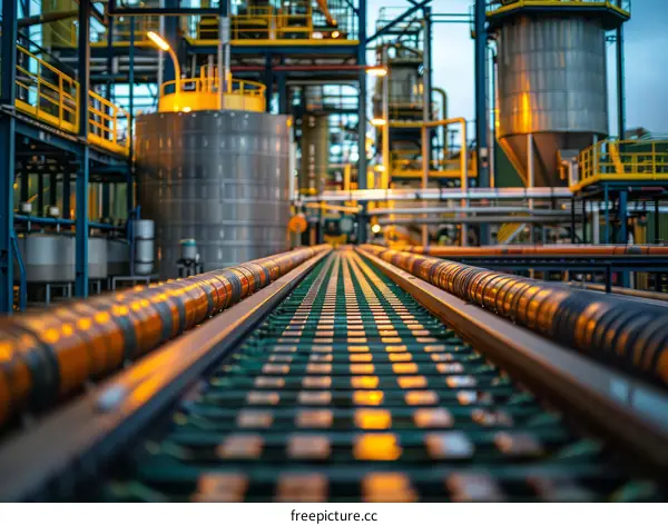 A factory with a lot of machinery and a conveyor belt in the foreground