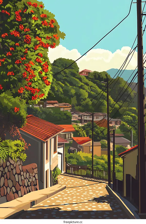 Beautiful Landscape of a Small Town with a Cobblestone Street