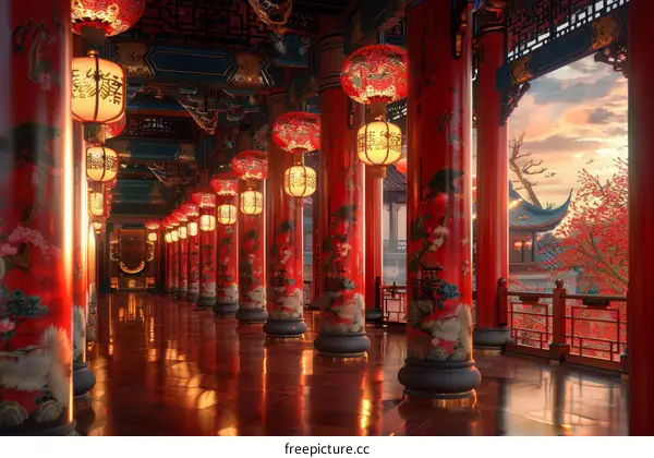 Ancient Chinese Architecture: Palace Corridor with Exquisite Details