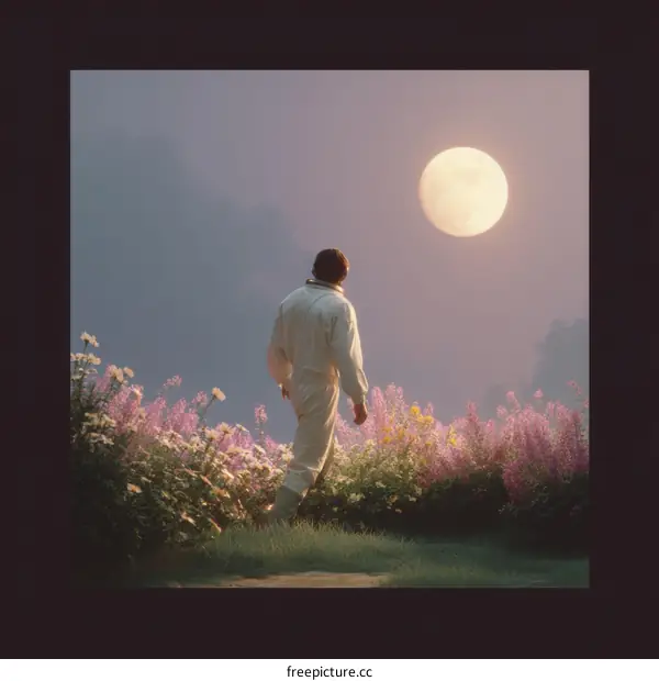 Man Walking Through Floral Field Under a Full Moon