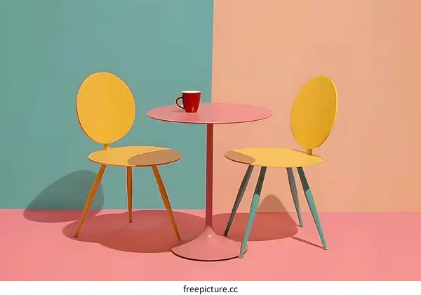 Minimalist Yellow Chairs and Pink Table with Red Cup on a Teal and Peach Background