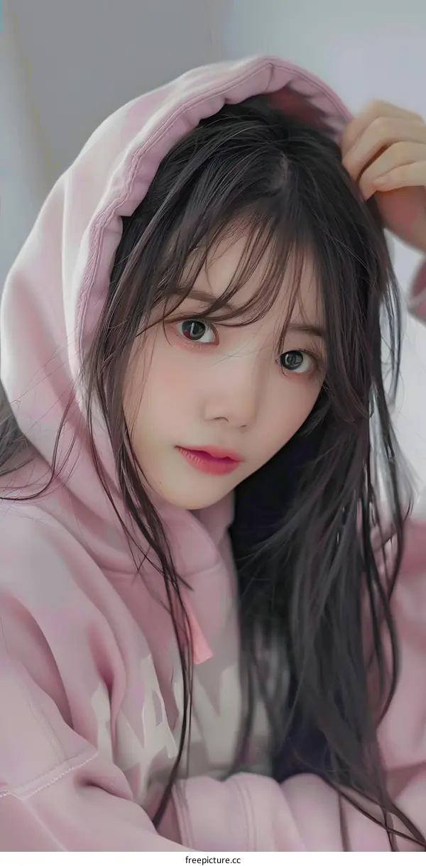 Young Asian Woman in Pink Hoodie