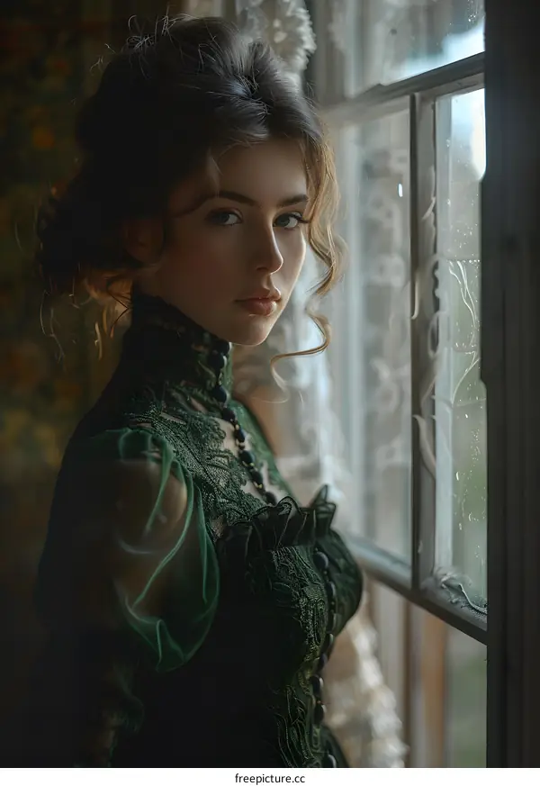 portrait of a beautiful woman in a green dress standing in front of a window
