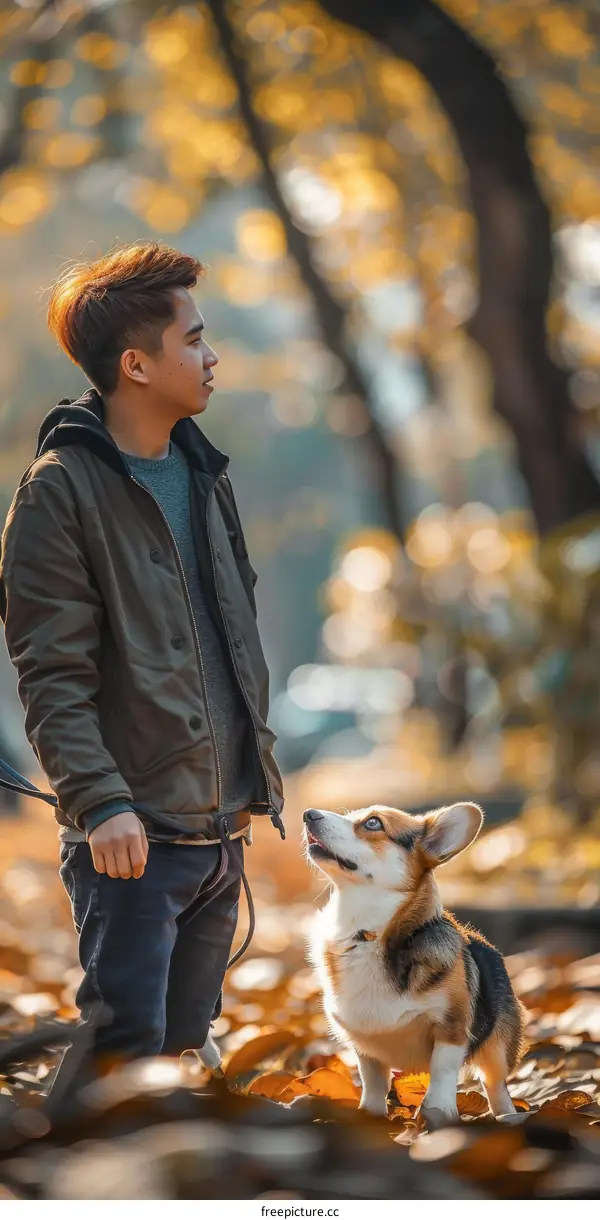 A man and his corgi in the park